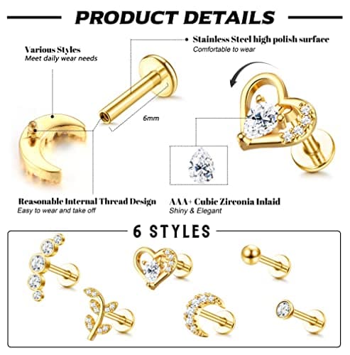 Adramata 6 Pièces Piercings Pour Piercés Fileté CZ Femmes Hommes Bijoux Oreille Recycled Standard 100