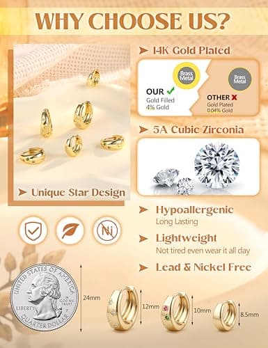 Adramata Boucles d'Oreilles Creole Plaqué Or 14K Femme - Hypoallergénique et Éco-responsable | Argent Fantaisie Gros Pér
