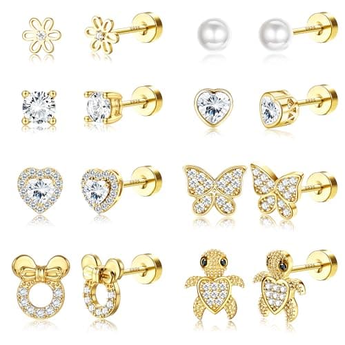 Adramata Boucles d'Oreilles Argent 925 Filles Femme Hypoallergéniques Fer Boucle d'Oreille Sensibles Fleur Coeur Papillo — Or