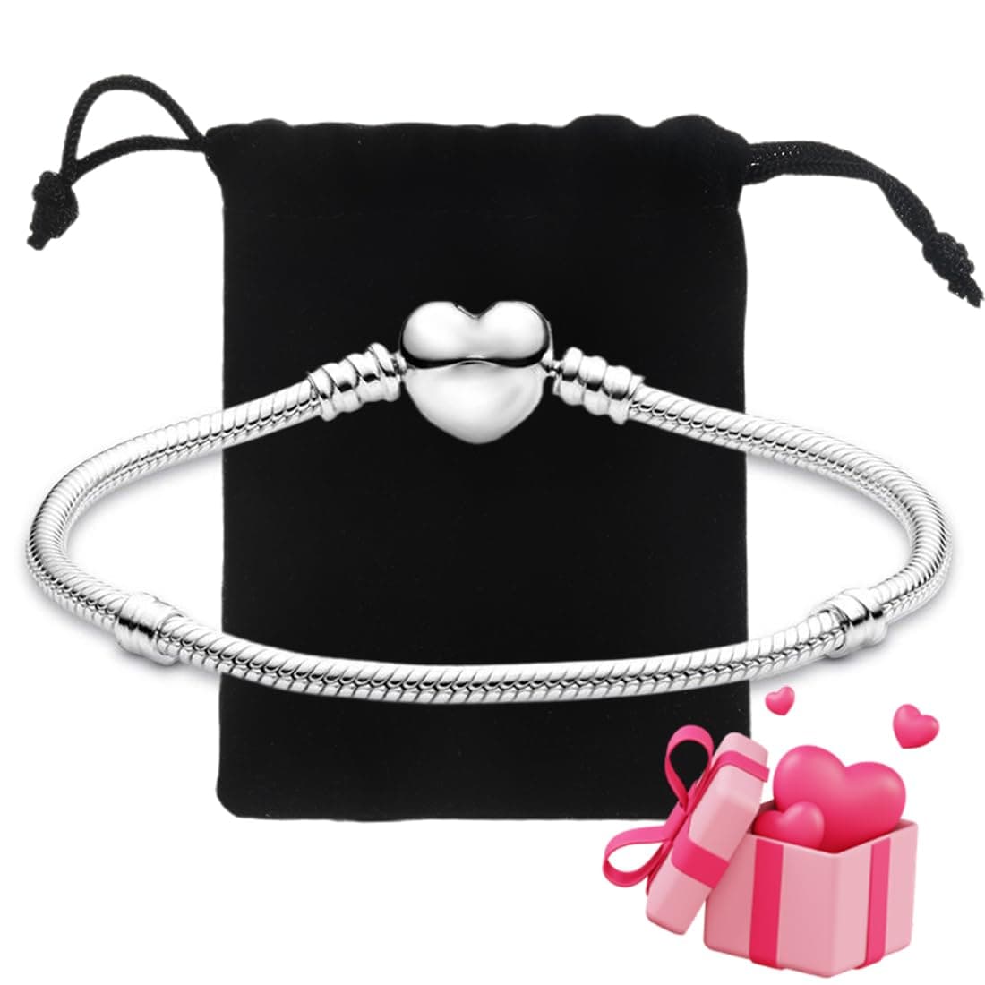 Bracelet VBKITW pour Femme Charms Cœur en Argent Meilleur Cadeau Fête des Mères et Saint-Valentinavec Sac Flanelle