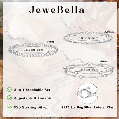 JeweBella Bracelet Femmes Argent 925 Réglable Empilable Fantaisie Étanche 3 Pièces Fermoir Tromboneженщиныbraceletargent