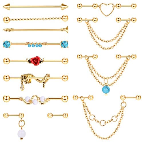 Adramata 13 Pièces Piercings Industriels 14G 16G Acier Chirurgical Boucles d'Oreilles Helix Cartilage Serpent Or Argentb — Or