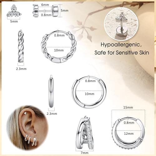 Adramata 4 Pairs Boucles d'Oreilles FemmePlaqué Or 14K/Argent - Piercings Tragus, Helix & Creole - Élégantes & Durables