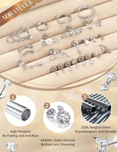 Adramata Acier Inoxydable Piercings Femme Plaquées Or Argent Conch Helix Tragus Daith Cartilage Boucle d'Oreille 23 Pcs