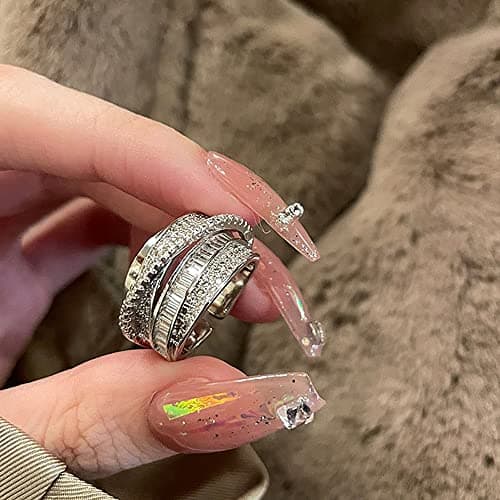 Bague Argent Ajustable avec Zircon pour Femme Fille Ado, Design Géométrique Vintage, Bague Ouverte pour Pouce et Doigts