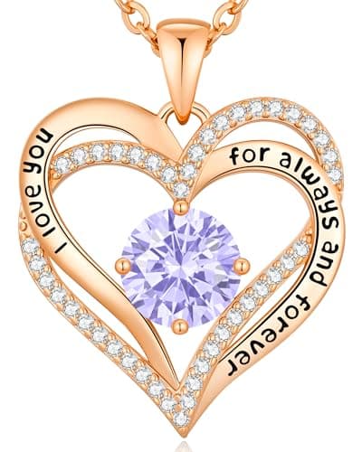Collier Femme Coeur Pierre de Naissance, Bijoux Cadeau Fête des Mères Anniversaire Graduation Maman Noël Saint Valentin — Or Rose 06