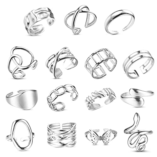 Bague Argent Acier Inoxydable LOLIAS pour Femmes - 16 Pièces Ouvert Réglable Vague Câlin Empilables Noeud Plume Orteil L