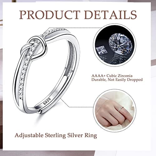 Bague Argent 925 Amour Noeud Réglable Femme Zircone Cubique Fiançailles Promesse Cadeaux Bijoux Femme