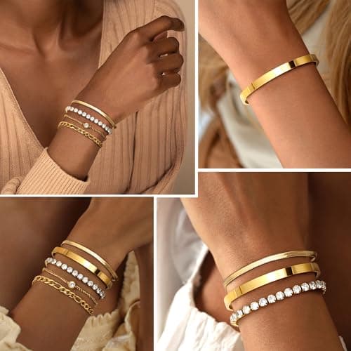 Bracelets Acier Inoxydable Plaqué Or 14K Réglables Empilables Femme