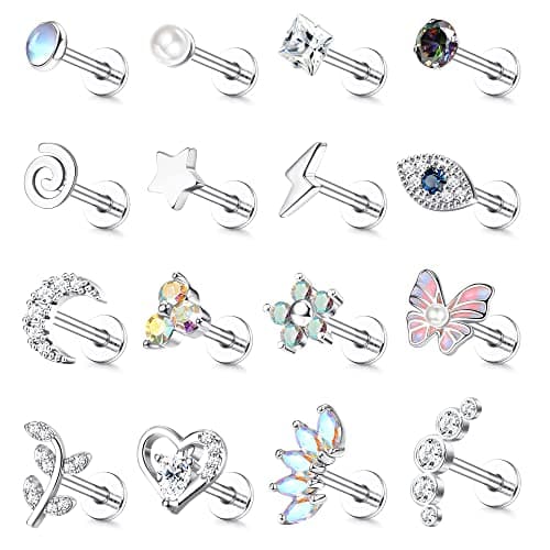 Adramata Acier Chirurgical Oreille Piercing pour Femme 16Pcs 16G Tragus Cartilage Fleur Papillon Conque Helix Bijoux Rec — Argent-6MM