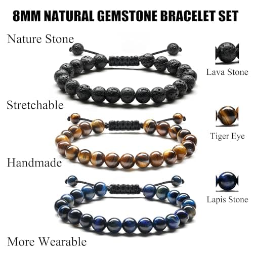 Bracelet Adramata Homme Pierre Naturelle 8mm Oeil de Tigre Reglable Bijoux Cadeau Recycled Standard 100
