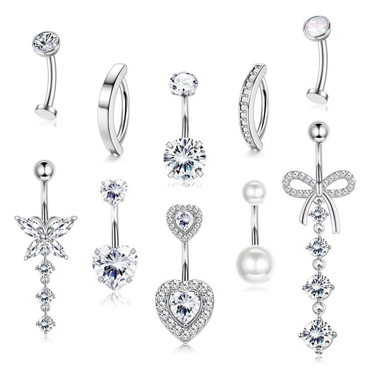 ANNÉE 2023 Adramata 14G Acier Chirurgical Piercings Nombril Hypoallergénique Strass Or Rose — Argent-BlancCZ