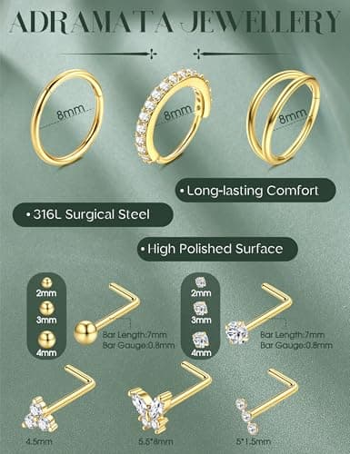 Adramata hypoallergénique piercing helix septum femme homme - Anneaux & Studs en forme de L 12Pcs 20G Acier Chirurgicalb