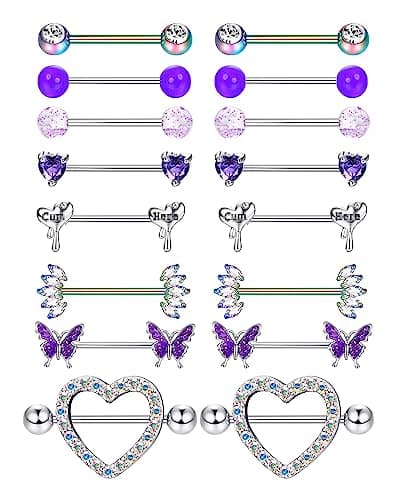 Adramata 8 Paires de Piercing de Mamelon en Acier Chirurgical pour Femmes - Coeur Papillon - Recycled Claim - Standard 1 — Violet