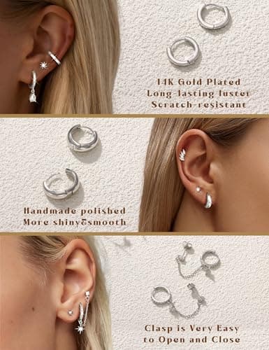 Adramata Boucles d'Oreilles Femme Or Argent Acier Inoxydable 8Pairs Or Argent Piercings Boucles d'Oreilles Femme Clous T
