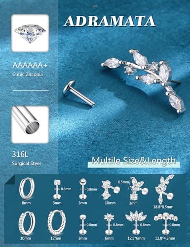 Adramata Piercing Oreille Acier Inoxydable Boucles d'Oreilles Femme Sans Fil Piercing Helix Or Argent Boucles d'Oreilles