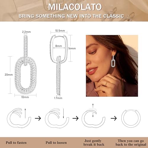 Milacolato Boucles d'Oreilles Convertibles Argentées avec Pavé de Zircon pour Femme Créoles Géométriques Plaquées Or 14