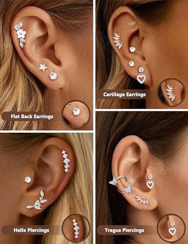 Adramata oreille piercing 16G Tragus Conque Cartilage pour Femme - Boucles d'Oreilles Papillon Fleur Helix(paquet de 9)