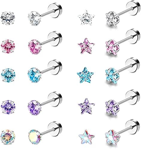 Adramata 10 Paires Boucles d'Oreilles Acier Inoxydable Étoile Cubique Zircone Tragus Barbell Femmes Recycled Claim Stand — Cz : 4 mm