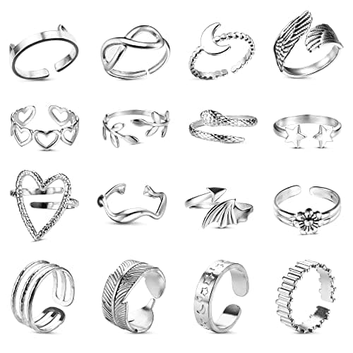 Bague Argent Acier Inoxydable LOLIAS pour Femmes - 16 Pièces Ouvert Réglable Vague Câlin Empilables Noeud Plume Orteil L — Ton Argent2