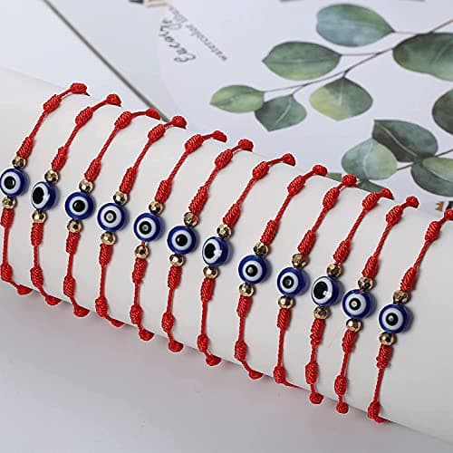 Adramata 12 Pcs Mauvais Œil Hamsa Chakra Bracelets Réglables pour Femme et Homme Ports Bonheur Bijoux Turquoise Rouge No