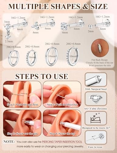 Adramata 18PC Piercings Hélix Tragus Or/Argent Pour Femme Homme
