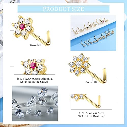 Adramata 15 Pcs Piercing Nez en Acier Chirurgical pour Femme et Homme - L/Vis en Forme de Serpent | Fleur Clous de Nez A