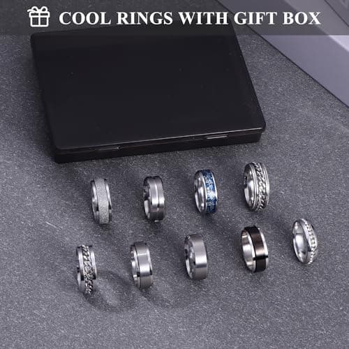 Adramata 9Pcs Bague Homme Anti Stress Recycled Argent Noir Acier Inoxydable Bague Mariage Fidget Bijoux Homme vintage