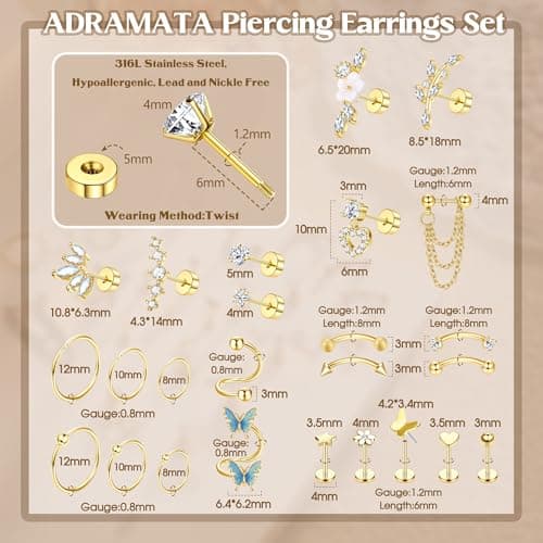 Adramata 16G Piercing Oreille Acier Inoxydable Femme Boucles d'Oreilles | Helix Or Argent Créoles Piercing Cartilage Rec