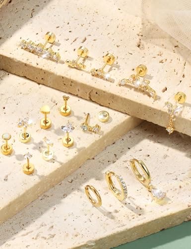 Adramata 16 Pièces Piercings Oreille Acier Inoxydable Boucles Femme Or Argent Conch Tragus Helix