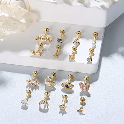 Adramata Acier Chirurgical Oreille Piercing pour Femme 16Pcs 16G Tragus Cartilage Fleur Papillon Conque Helix Bijoux Rec