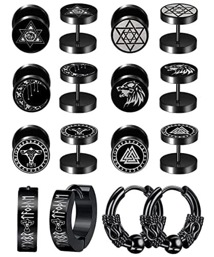 Adramata 8 Paires Boucles d'Oreilles Acier Inoxydable pour Homme et Femme, Boucles d'Oreille Créoles Noir, Faux Ecarteur