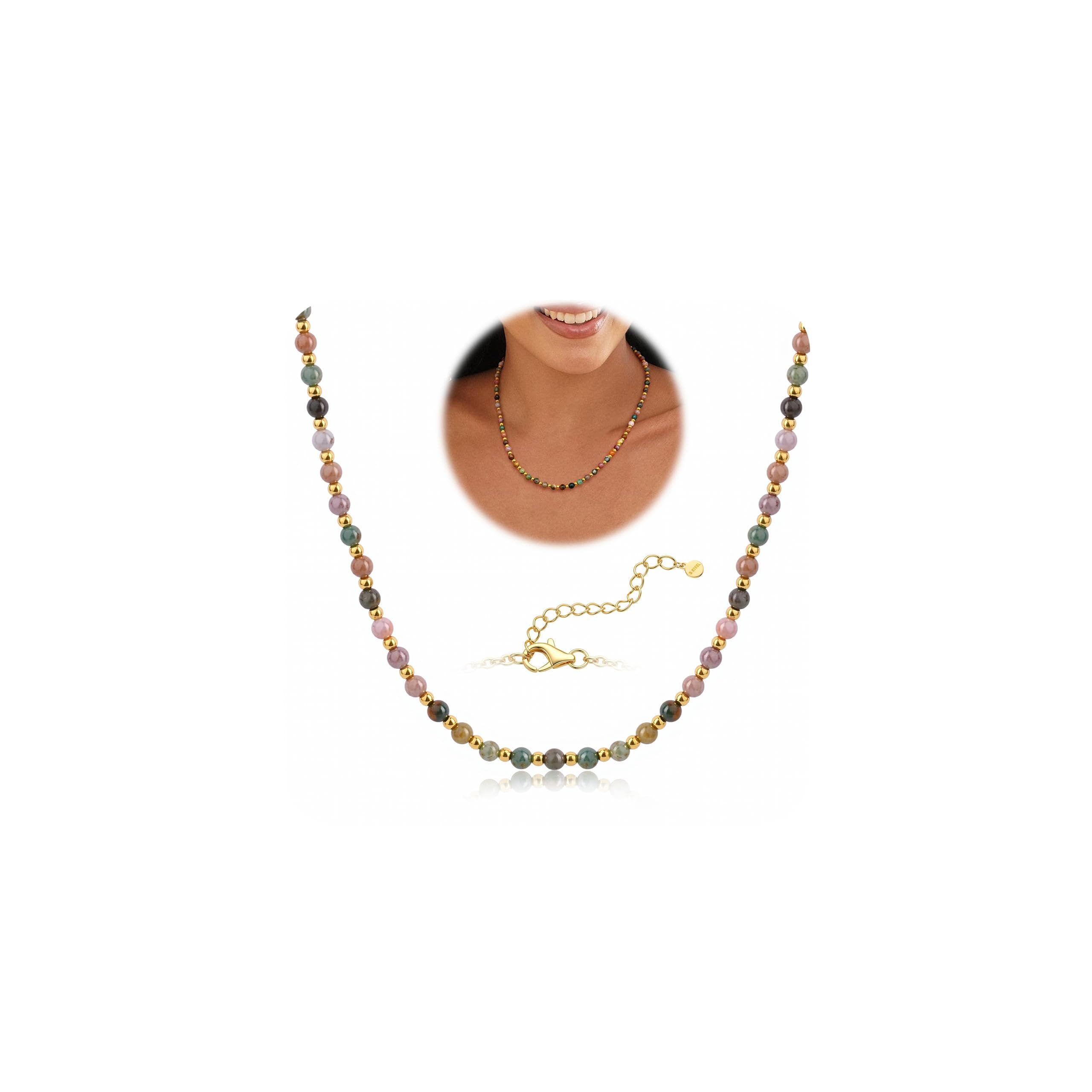 Adramata Pierre Naturelle Femme Collier Boho Ajustable Plaqué Or 5mm