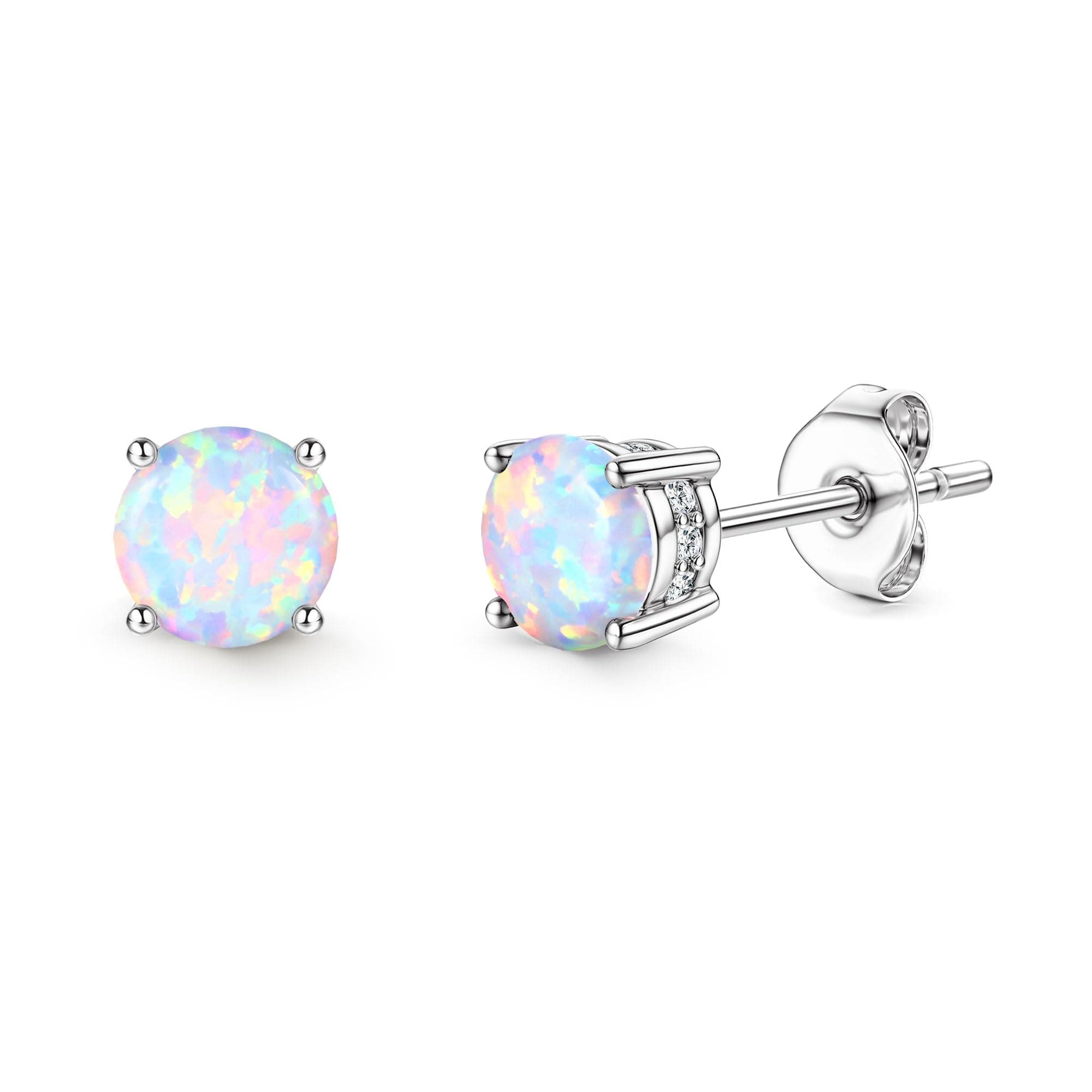 Adramata Boucles d'oreilles en acier inoxydable plaqué or blanc 18 carats avec opale ronde pour femme, Acier inoxydable