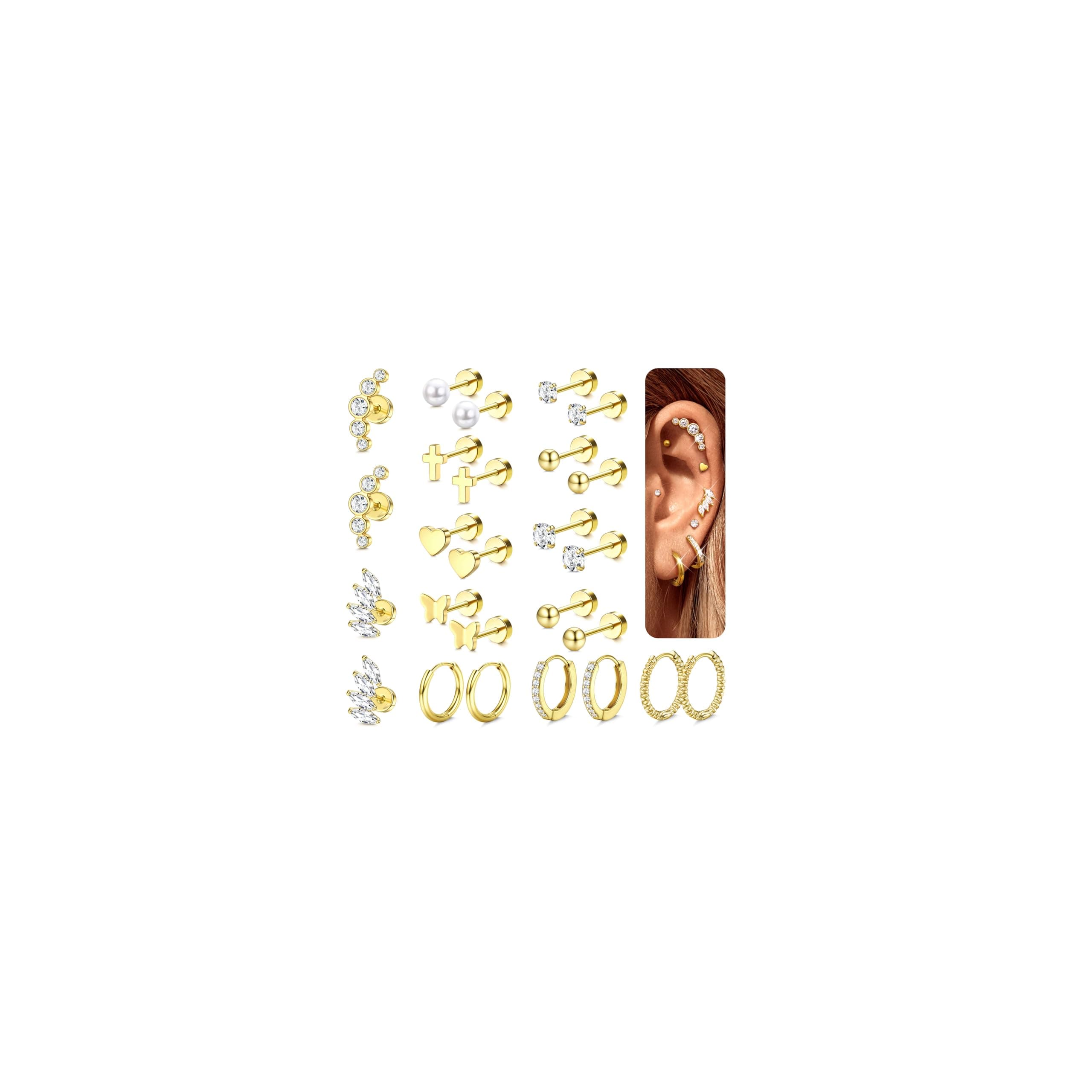 Adramata Or et Argent Boucles d'Oreilles Femme Hypoallergéniques Piercings Tragus Helix