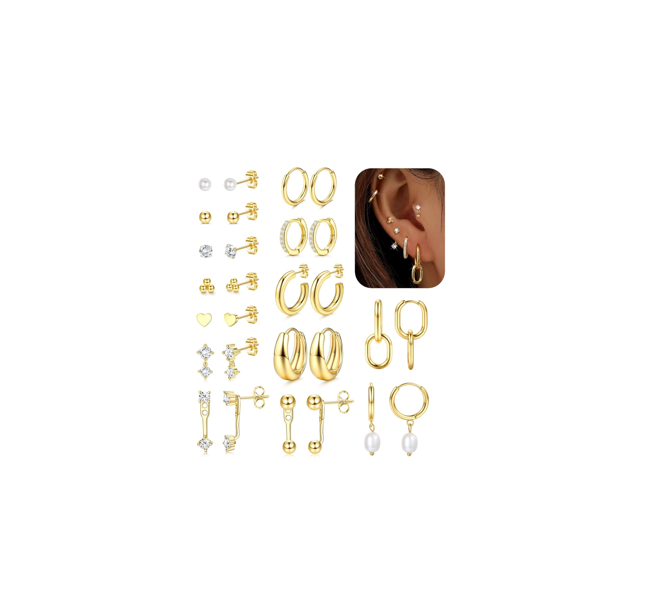 Adramata 14 Pairs Boucles d'Oreilles Femme Plaquées Or 14K Hypoallergénique Boucles d'Oreilles Pendantes Helix Tragus Pi