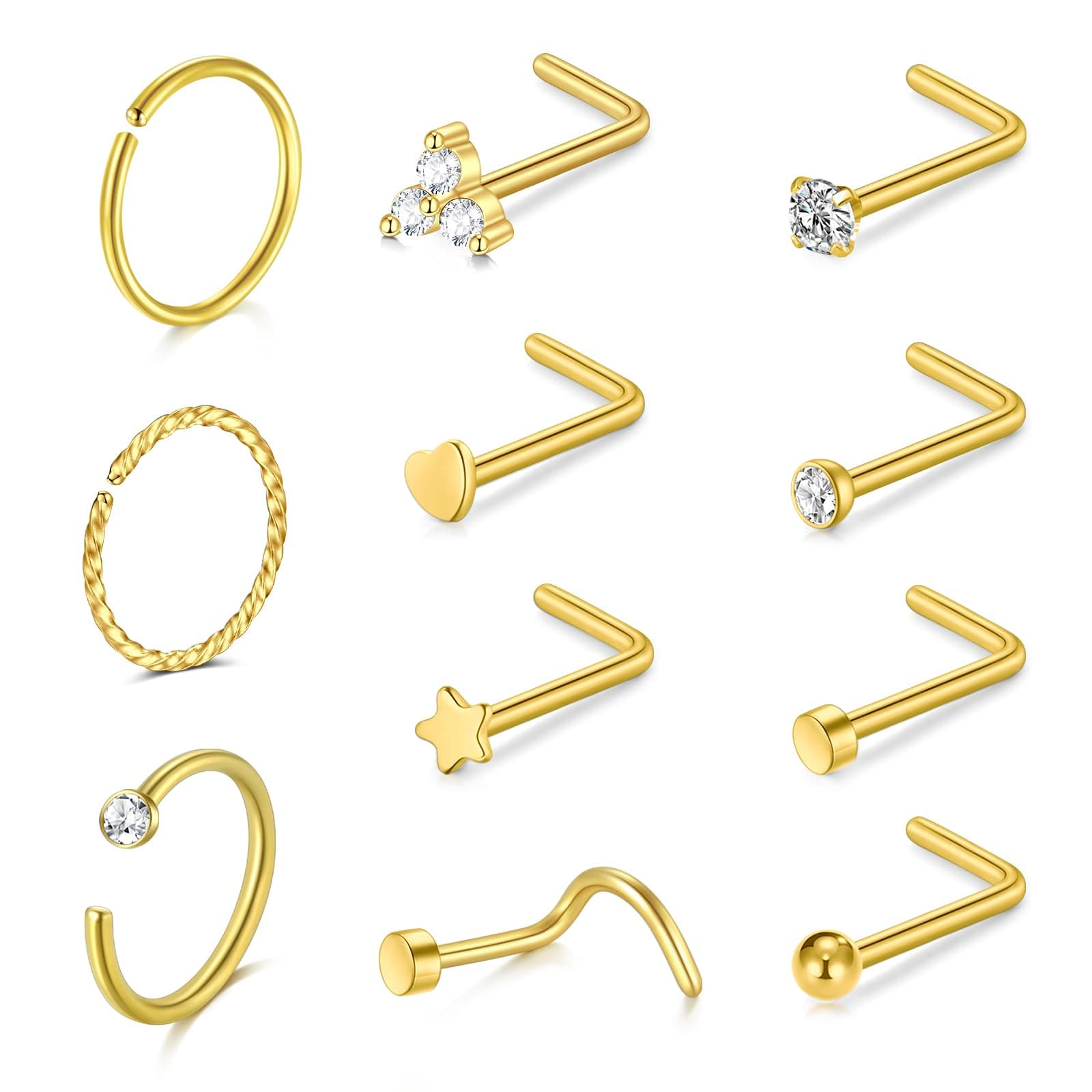 AceFun piercing nez argent or, anneau mince pour femmes et hommes, forme L petit nez stud 20G Strassbijoux