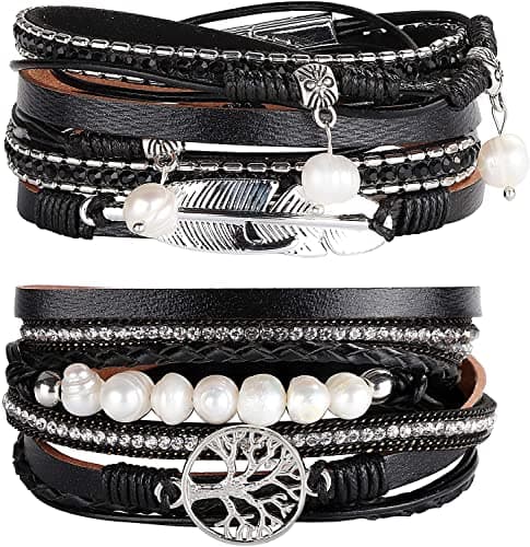 Adramata 2 Pcs Manchette Femme Cuir Bohème pour Mère et Amis Fermoir Magnétique — 2 Pièces Noir