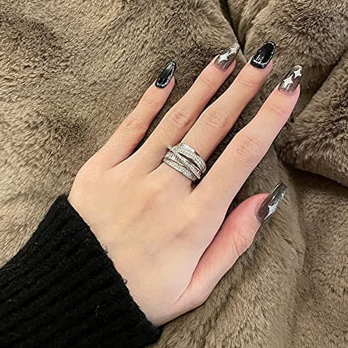 Bague Argent Ajustable avec Zircon pour Femme Fille Ado, Design Géométrique Vintage, Bague Ouverte pour Pouce et Doigts