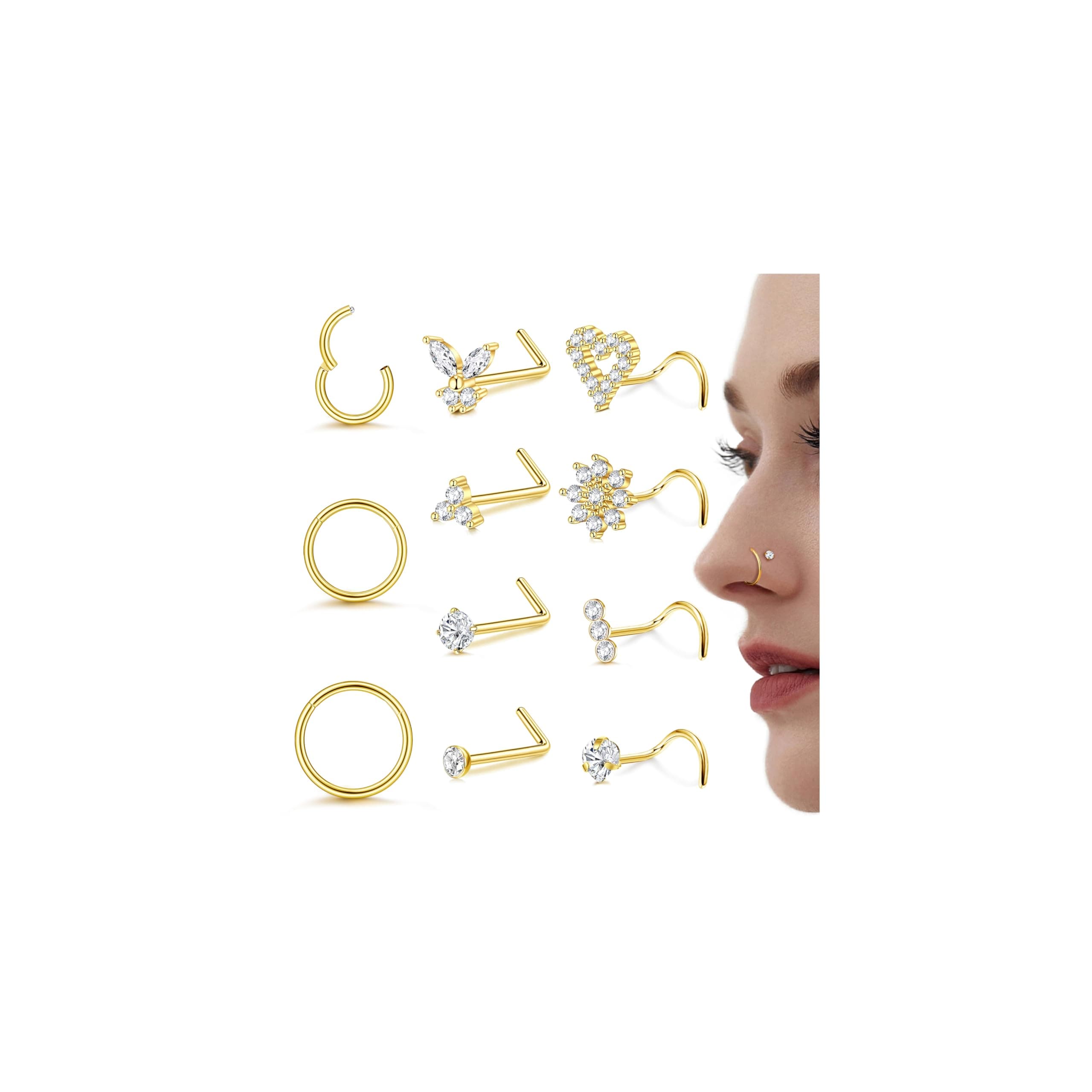 Milacolato Piercings Nez en Acier Chirurgical Clicker pour Femme en L et Spirale Or Argent 20G/18G Anneaux de Piercing a