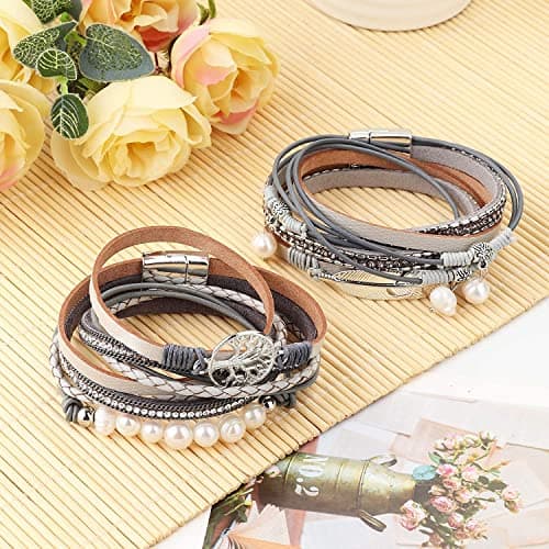 Adramata 2 Pcs Manchette Femme Cuir Bohème pour Mère et Amis Fermoir Magnétique