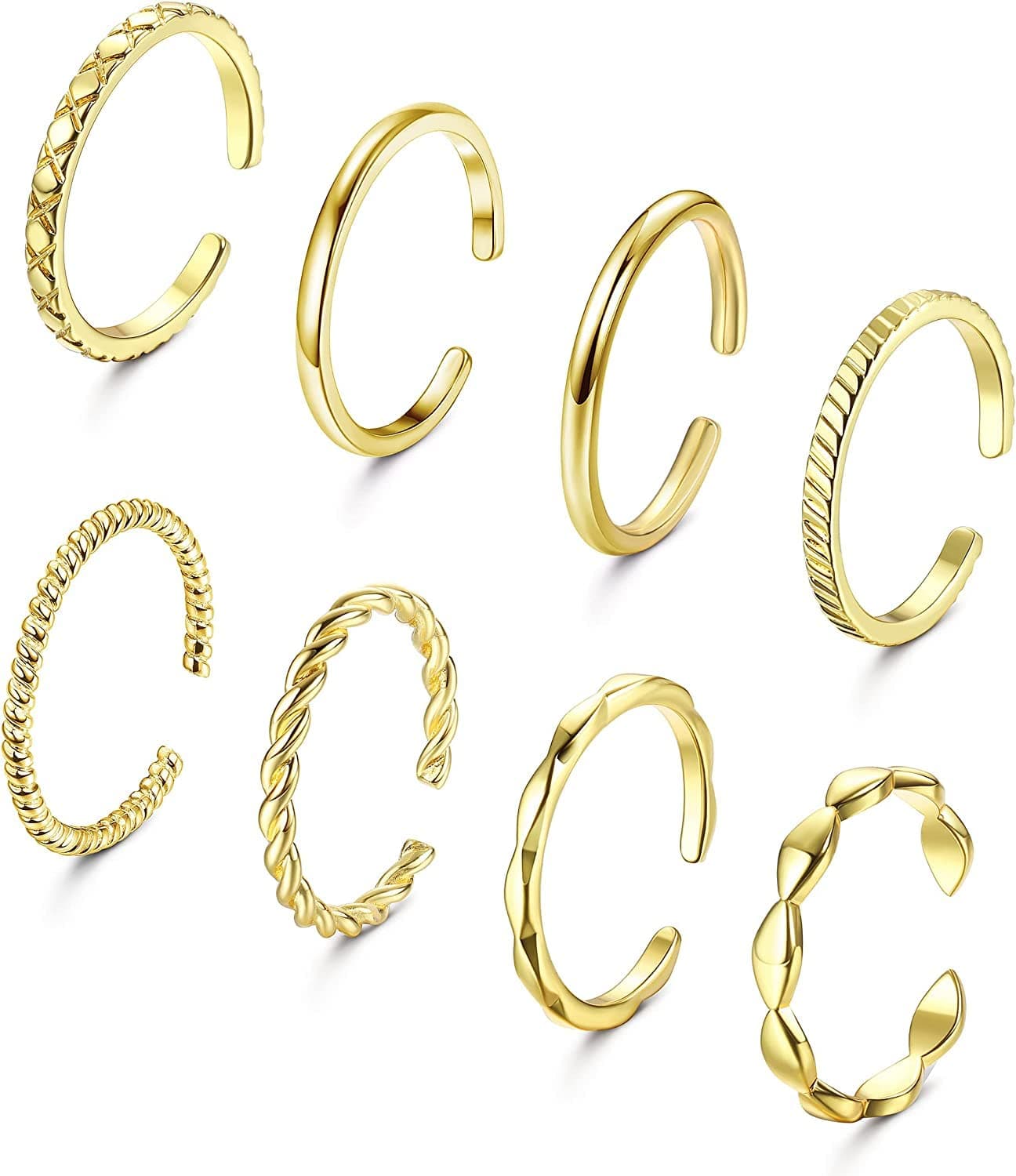 Adramata 8 Pcs Bagues Réglables Or Plaqué 14K Femme Homme Empilables Épais et Mince