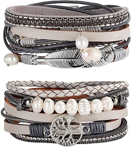 Adramata 2 Pcs Manchette Femme Cuir Bohème pour Mère et Amis Fermoir Magnétique