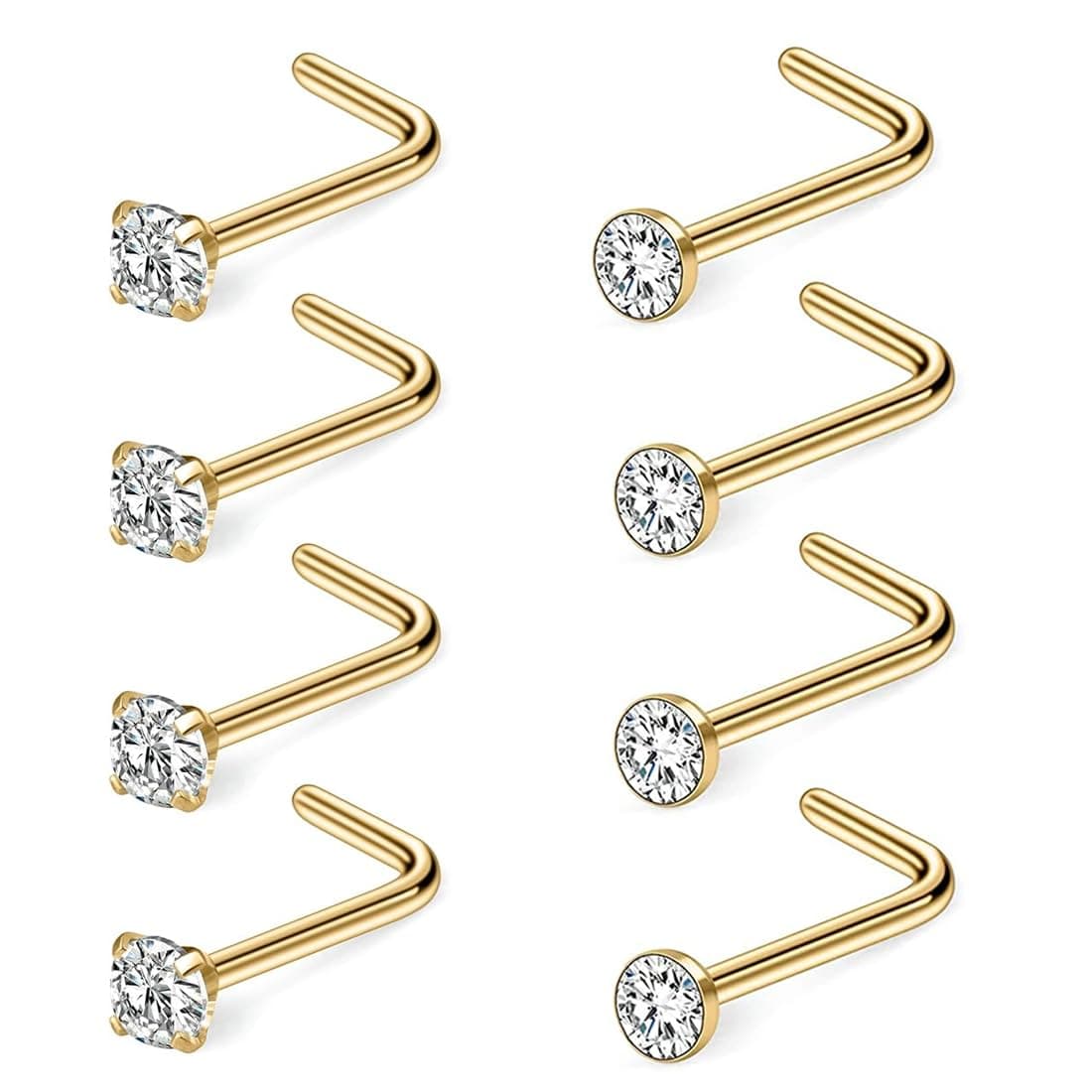 IKOPFLN Piercings Nez 8 Pièces Acier Chirurgical 316L 2 mm Zircone Cubique Or Piercings de Nez Bijoux