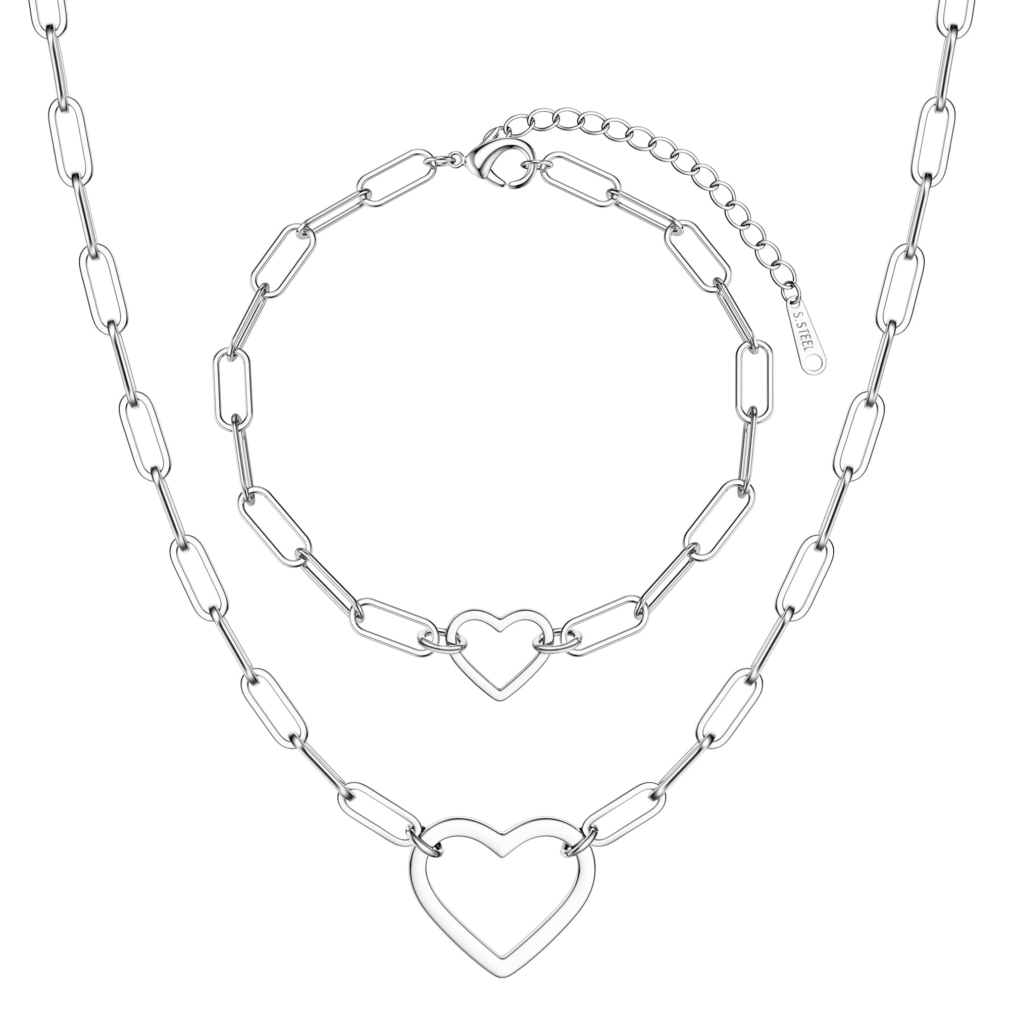 Collier et Bracelets Acier Inoxydable Plaquées Or 18K pour Femme Imperméable Recyclé 100% Chain Argent/Or Reglable Set S