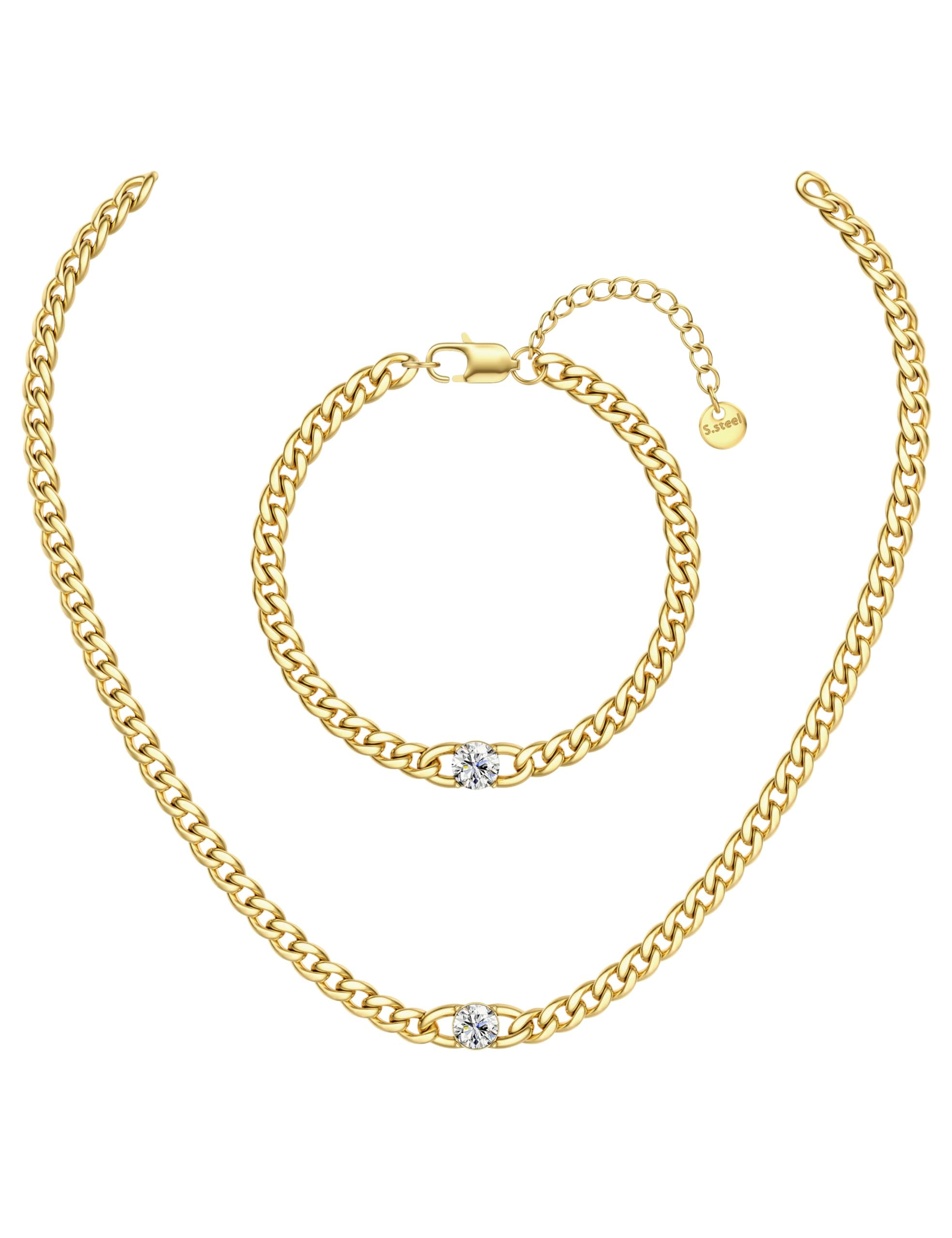 Colliers et Bracelets Cubain Adramata Chaîne Inoxydable Or 14K Femme Homme - Set Bijoux Zirconia |5MM - Collier Longueur
