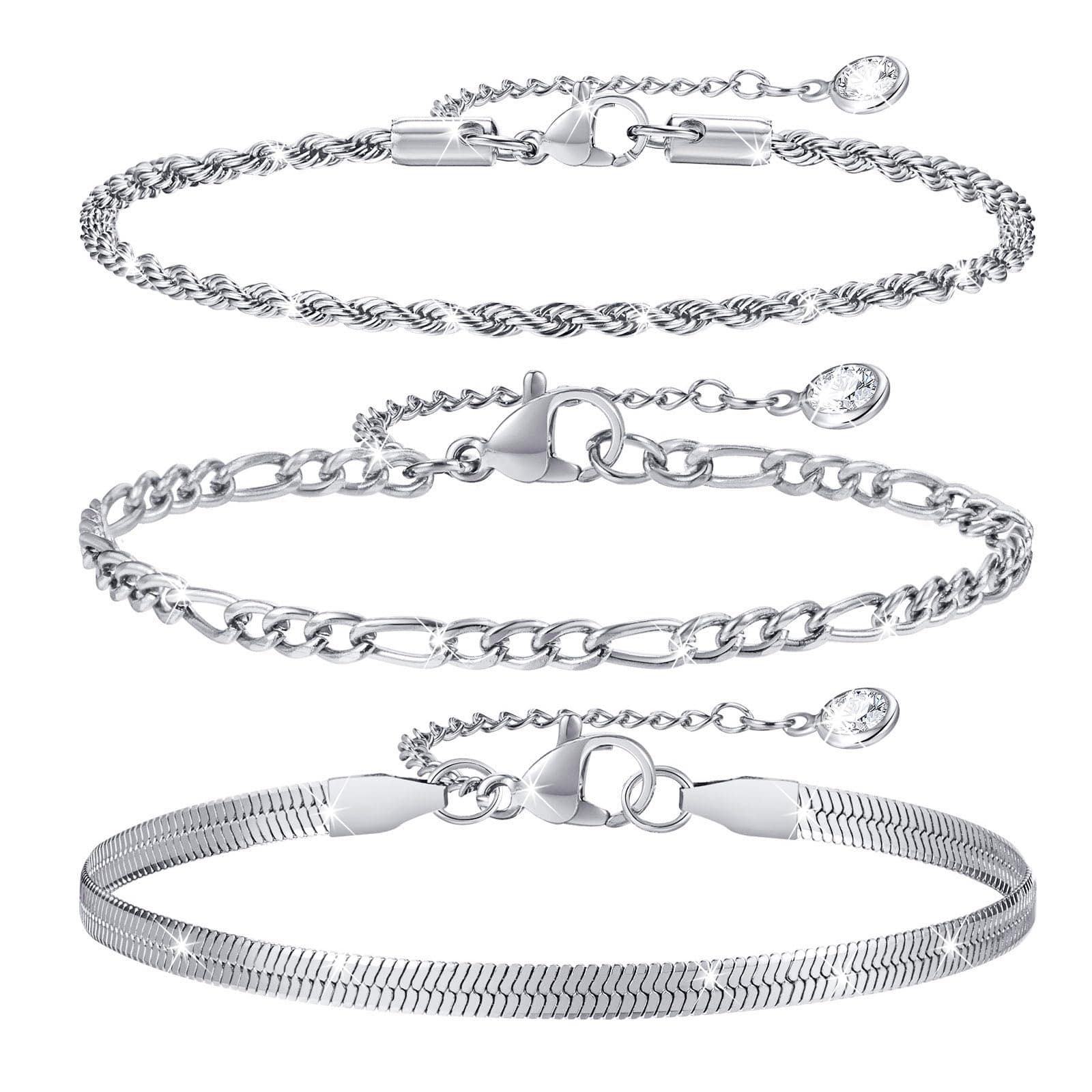 TempBeau : 3Pcs Chaîne Doré Délicat Twist Figaro Bijoux Fantaisie pour Femmes Filles | Argent Or Réglable | Top Recherch