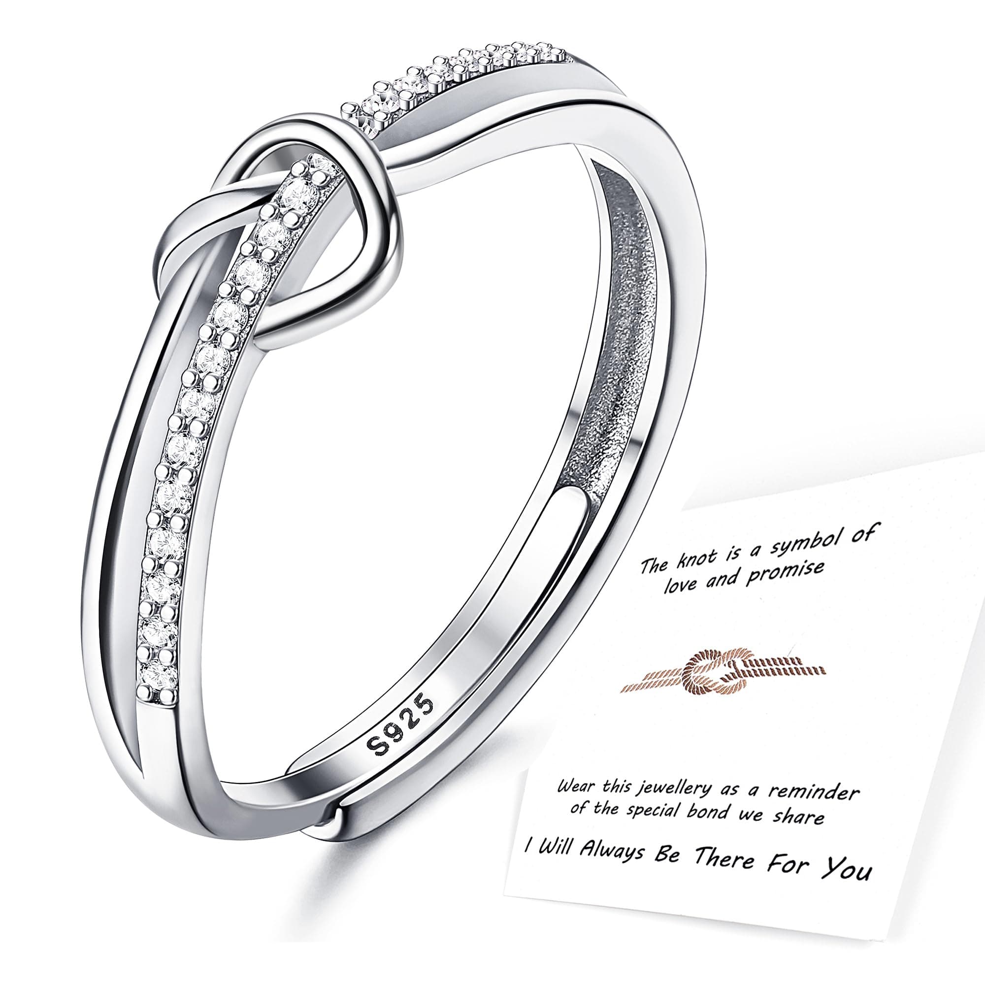 Bague Argent 925 Amour Noeud Réglable Femme Zircone Cubique Fiançailles Promesse Cadeaux Bijoux Femme