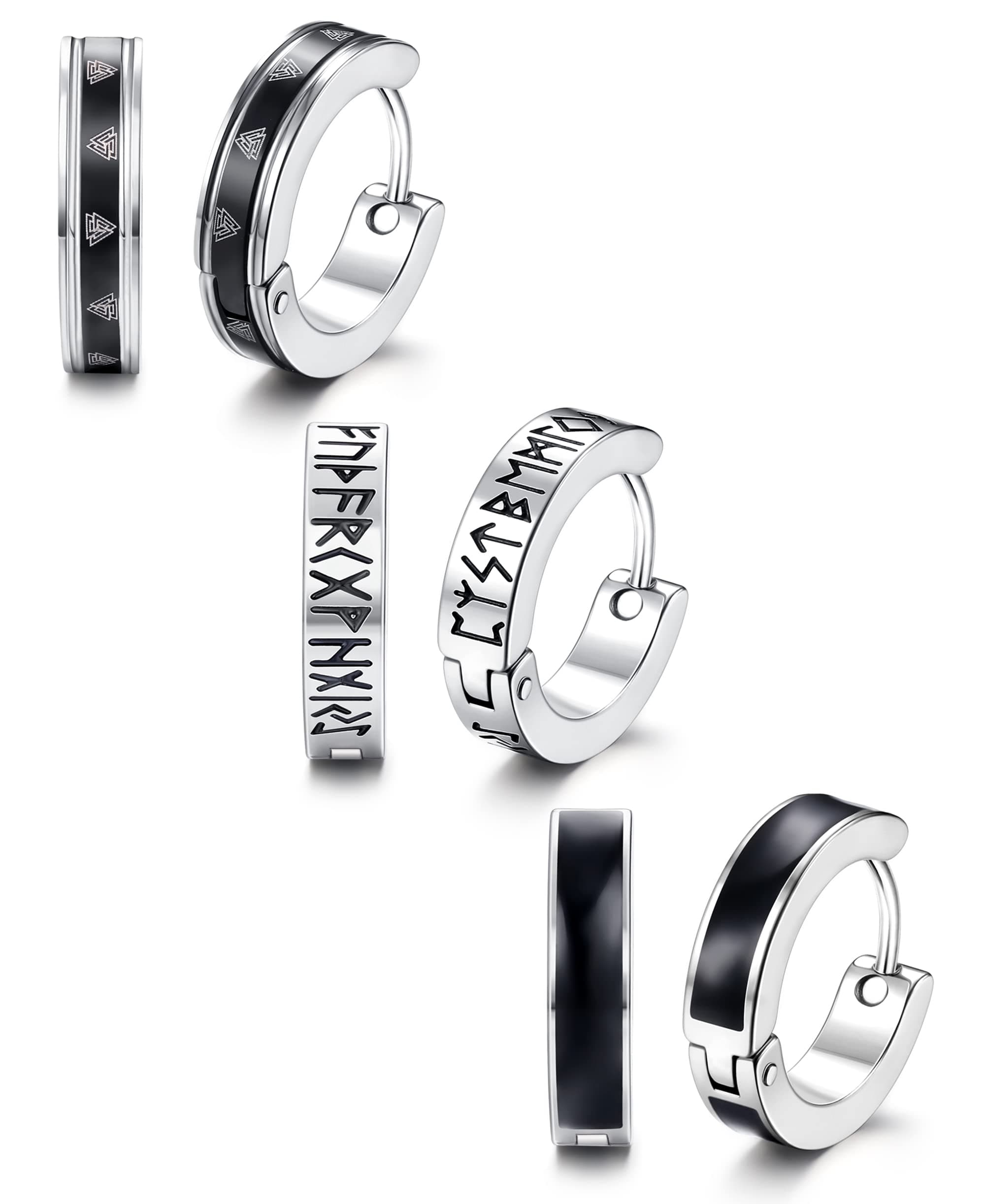 Boucles d'Oreilles Acier Inoxydable Adramata Noir Vikings Runes 12mm Homme Femme