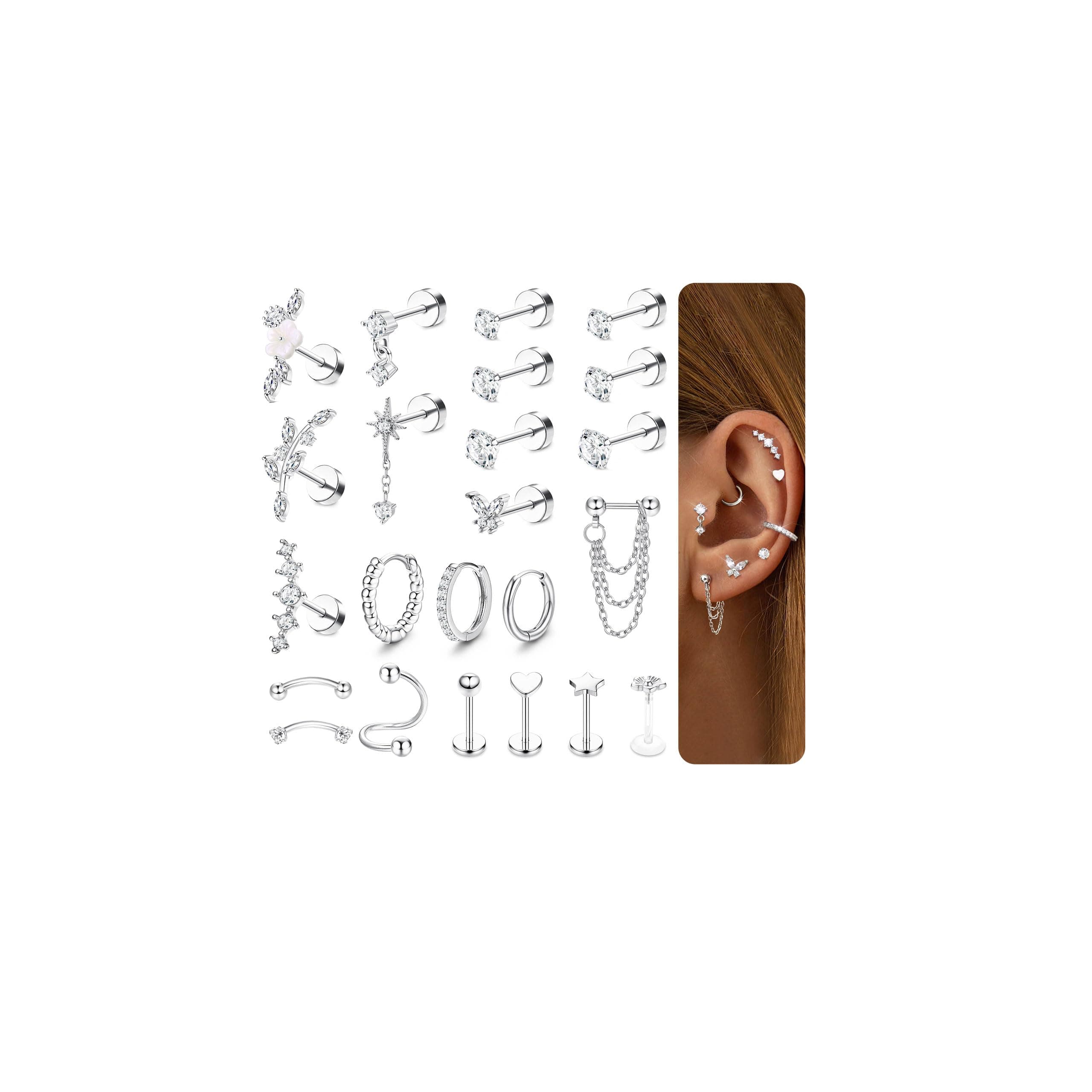 Adramata Acier Inoxydable Piercings Femme Plaquées Or Argent Conch Helix Tragus Daith Cartilage Boucle d'Oreille 23 Pcs